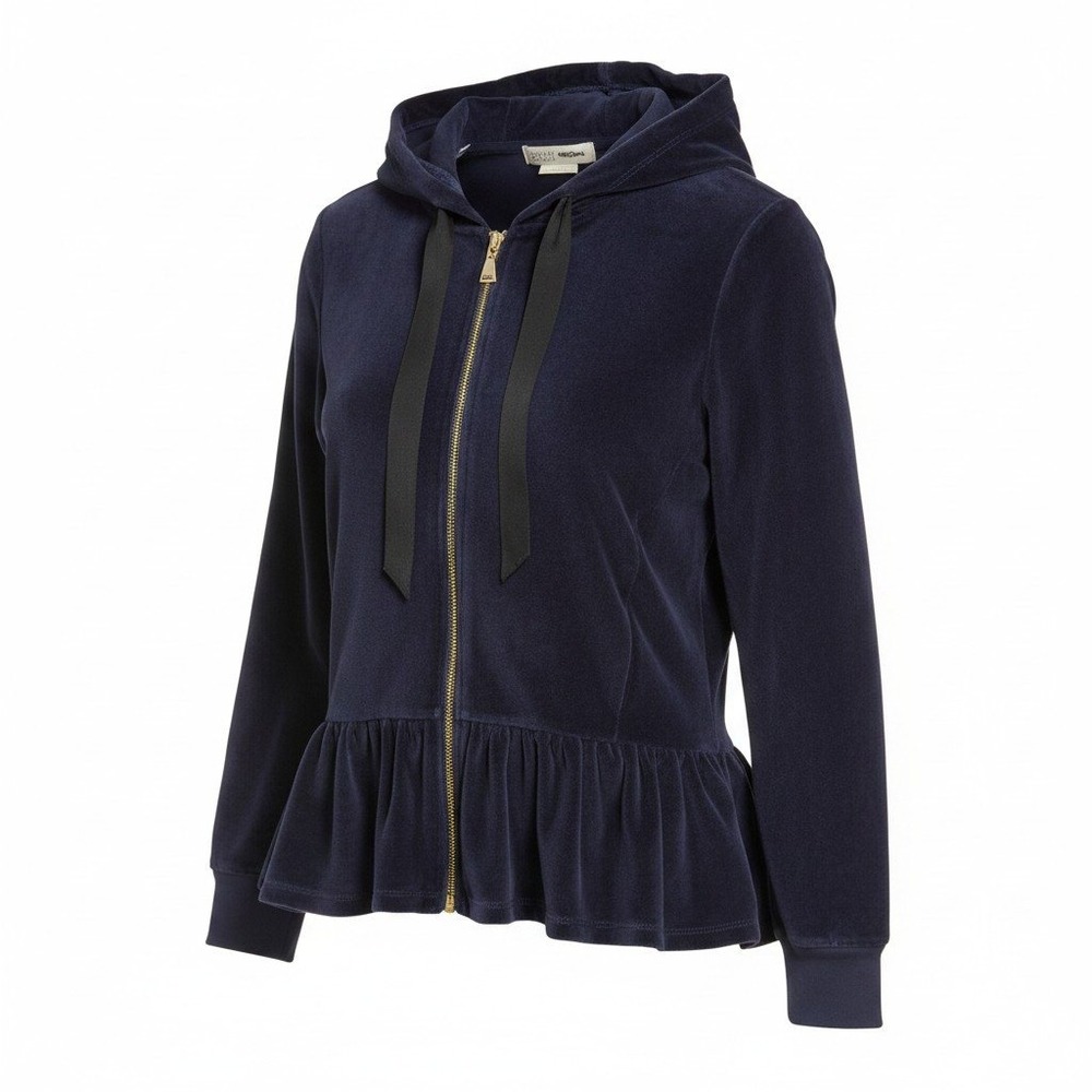 Kate Spade Broome Street Zip Up Hoodie Women XS Navy Blue Velour Peplum Ruffle